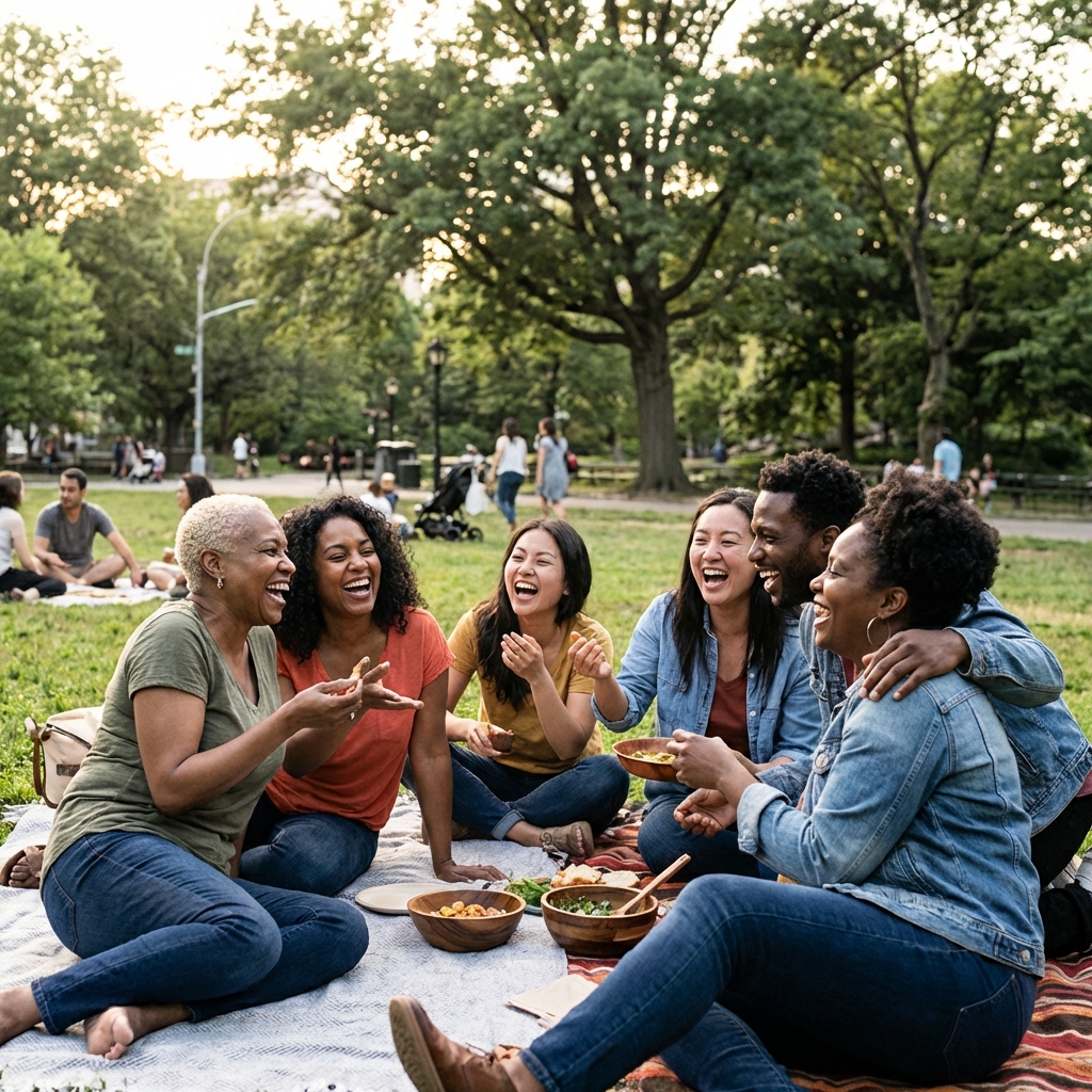 Friends enjoying a picnic in the park, representing the community spirit of Clannerly
