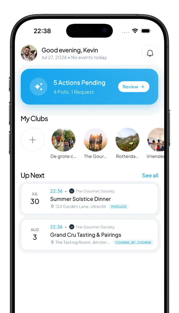 Clannerly App Dashboard showing pending action hub and upcoming events